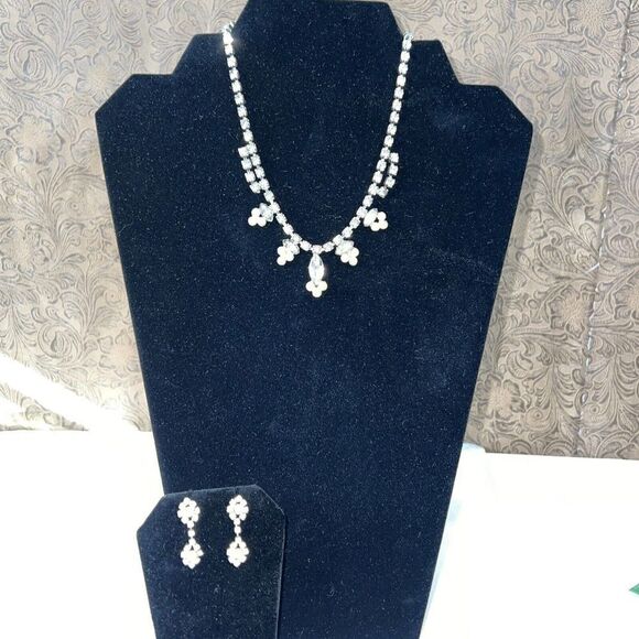 Vintage Rhinestone￼ & Pearl Crystal Chunky Statement Necklace W/ Earring’s - Picture 1 of 9